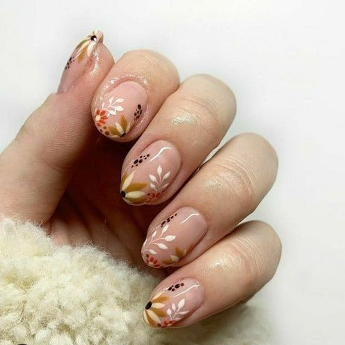 Fall Flower Leaves French Tips Nails