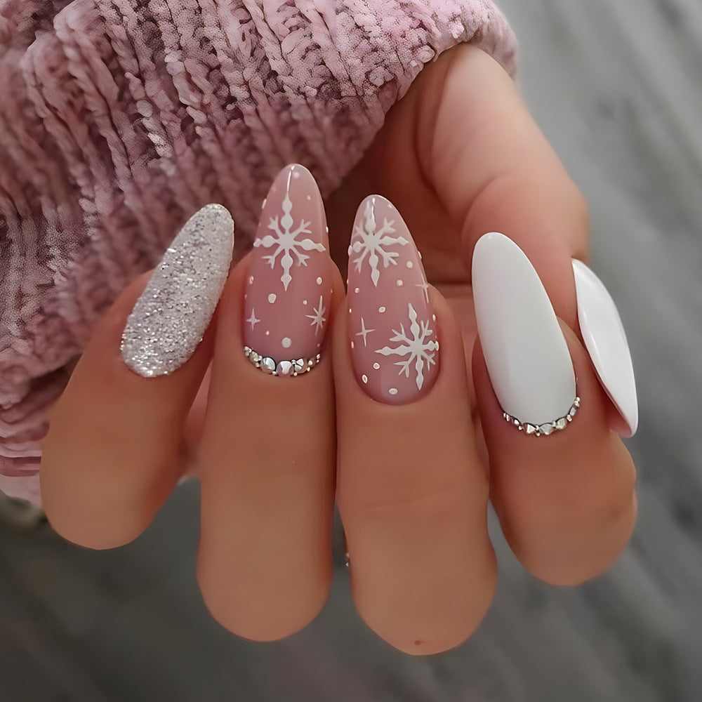 Snowflakes Fake Nails Glitter Rhinestone White Medium Almond