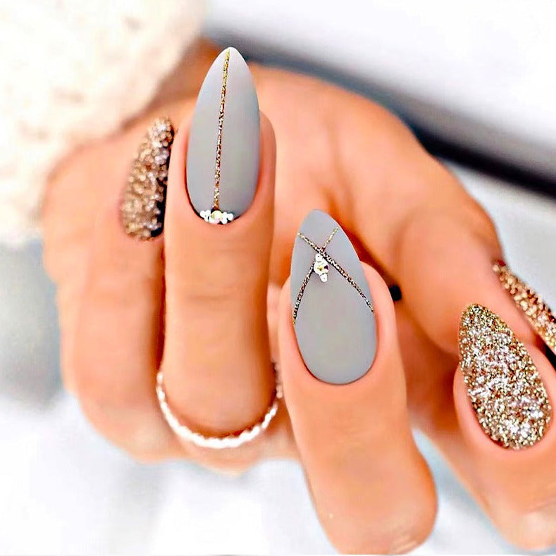 Grey Glitter Press On Nails Design Golden Medium | BettyCora