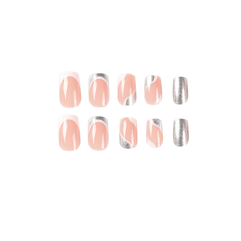 Glitter French Tips Silver Medium Square Press On Nails - BettyCora