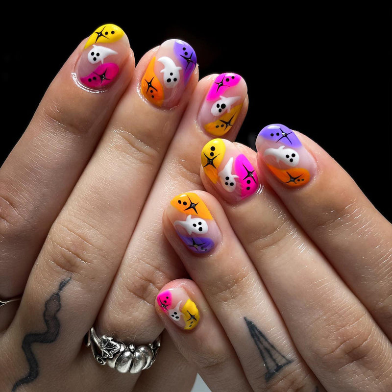 Cute Ghost False Nails Halloween Multicolor Short Squoval