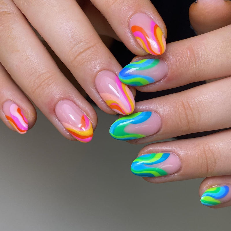 Pastel Multicolor French Tips Nails Multicolor Medium Oval