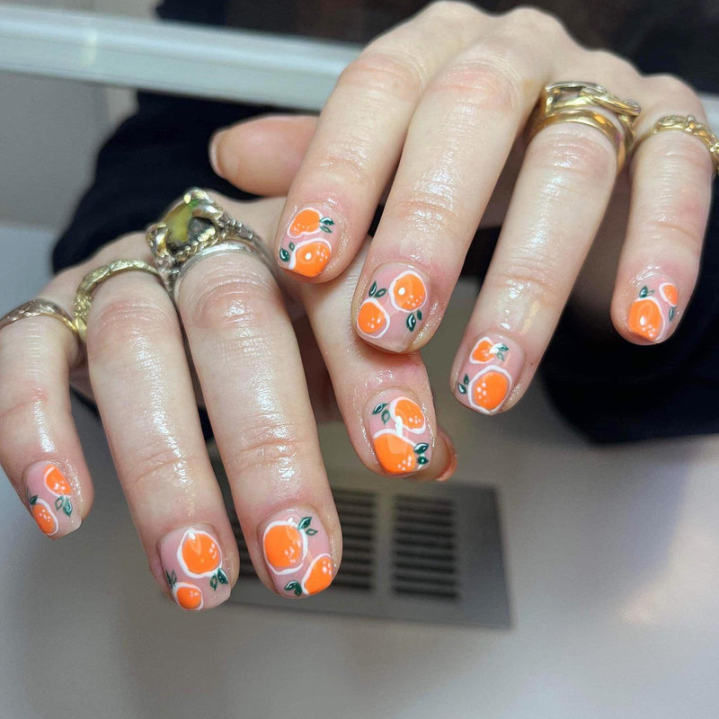 Personalized Orange Glue On Nails Short Squoval