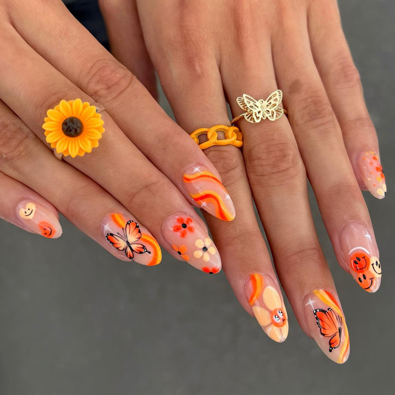 Sophisticated Butterfly Nails Orange Medium Almond Press-Ons 