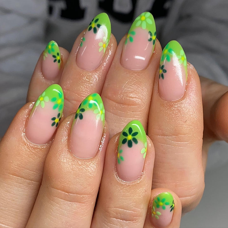 Floral Charm French Tips Nails Green Medium Almond