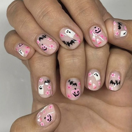Ghosts Fancy Simple Short Nails Halloween Pink Squoval
