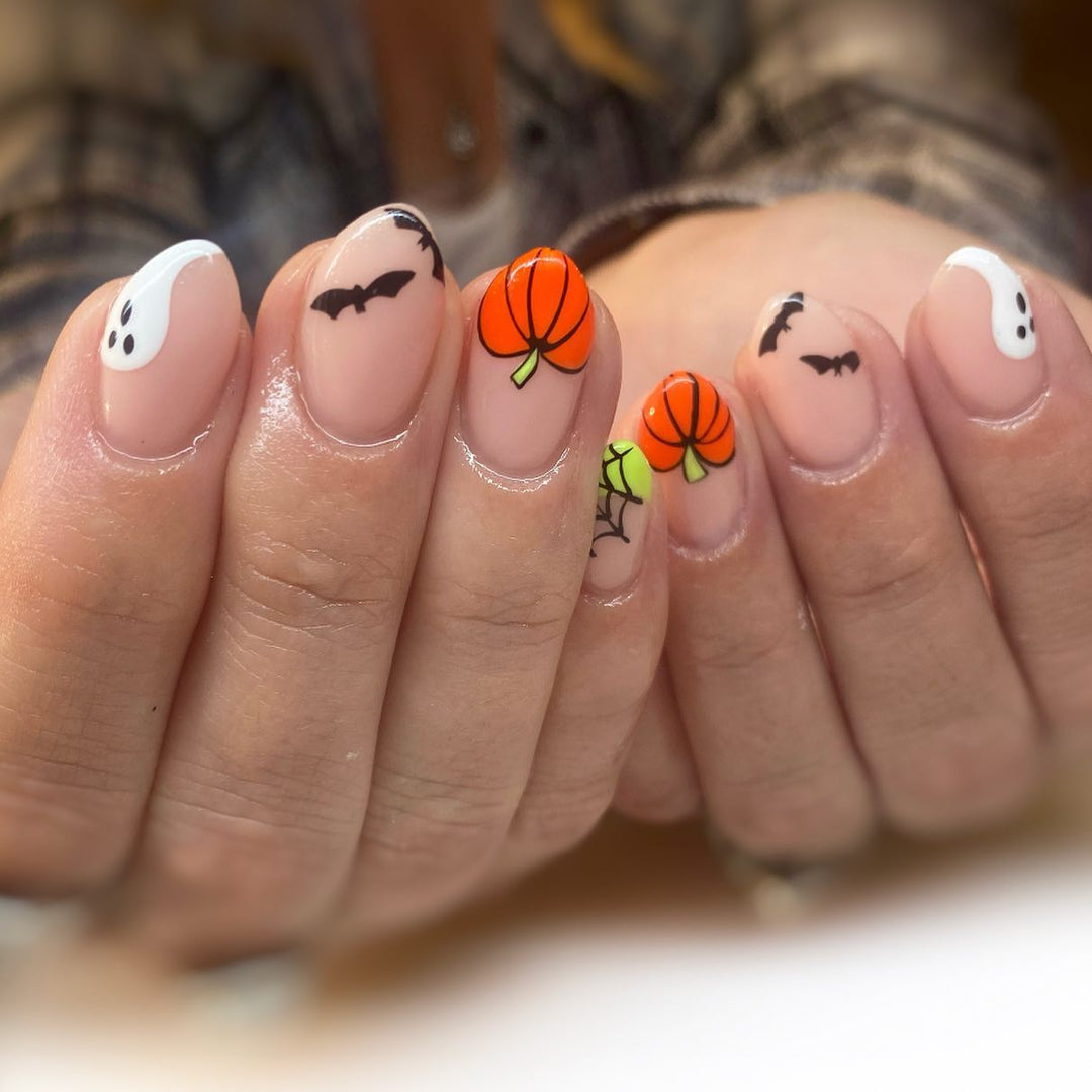 Pumpkin Ghosts Stick On Nails Multicolor Medium Oval