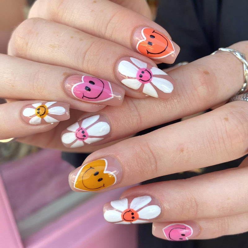 Flower Thoughts Glue On Nails Multicolor Medium Coffin