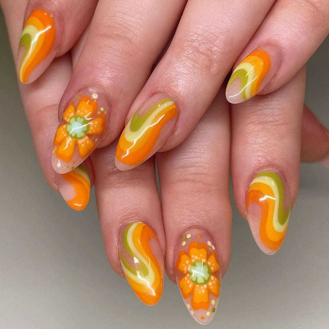 Flowers Legend Line Nails Orange Medium Almond Press-Ons