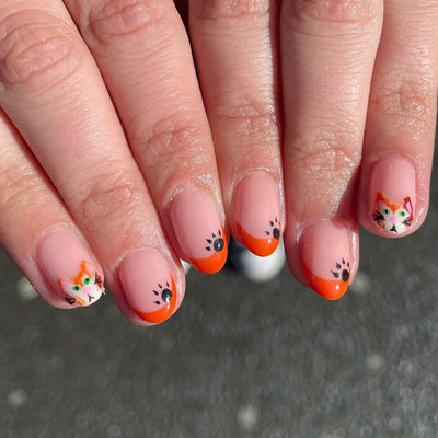 Cute Fox Paw Glue On Nails Orange Short Oval