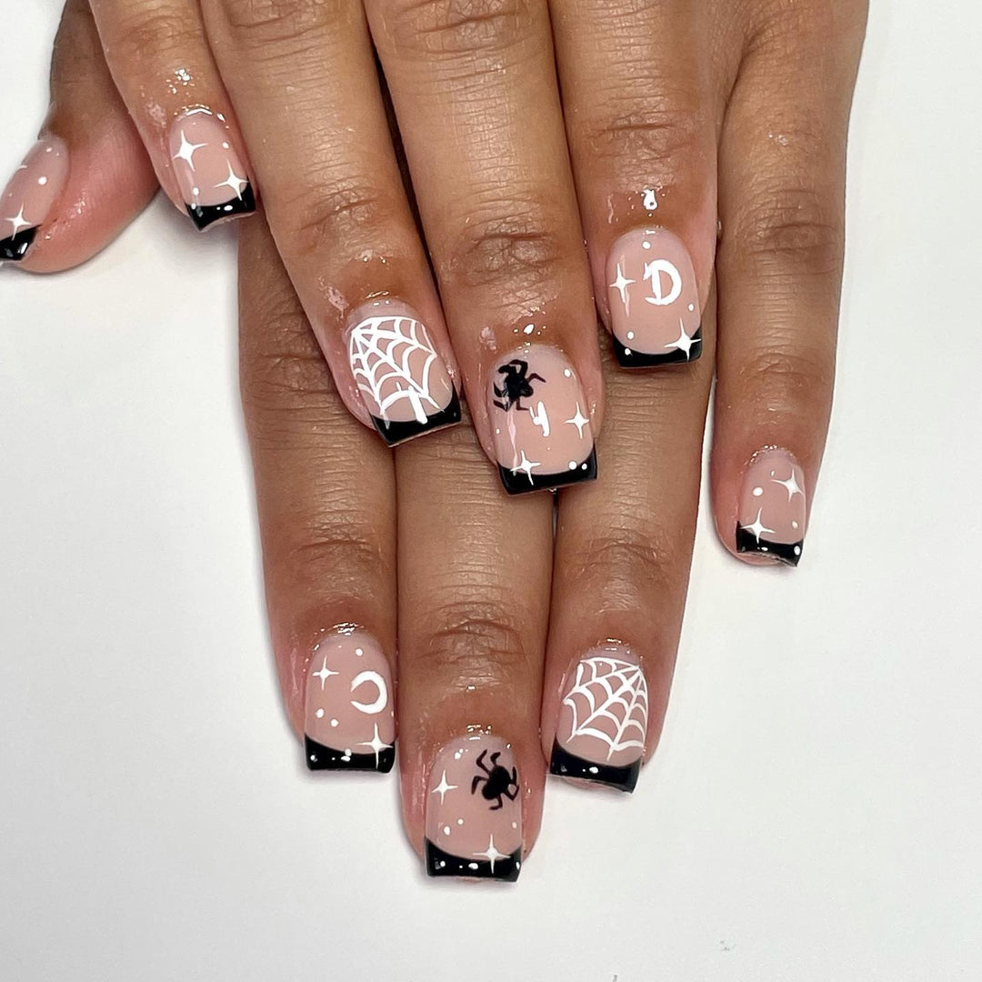 Spiders Charms French Tips Nails Black Short Square