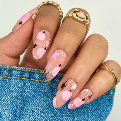 Pink Pumpkin Artificial Fingernails Medium Almond