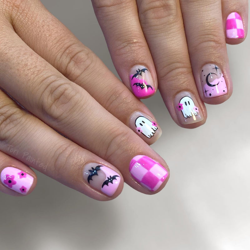 Cute Halloween Nails Pink Short Squoval Press-Ons