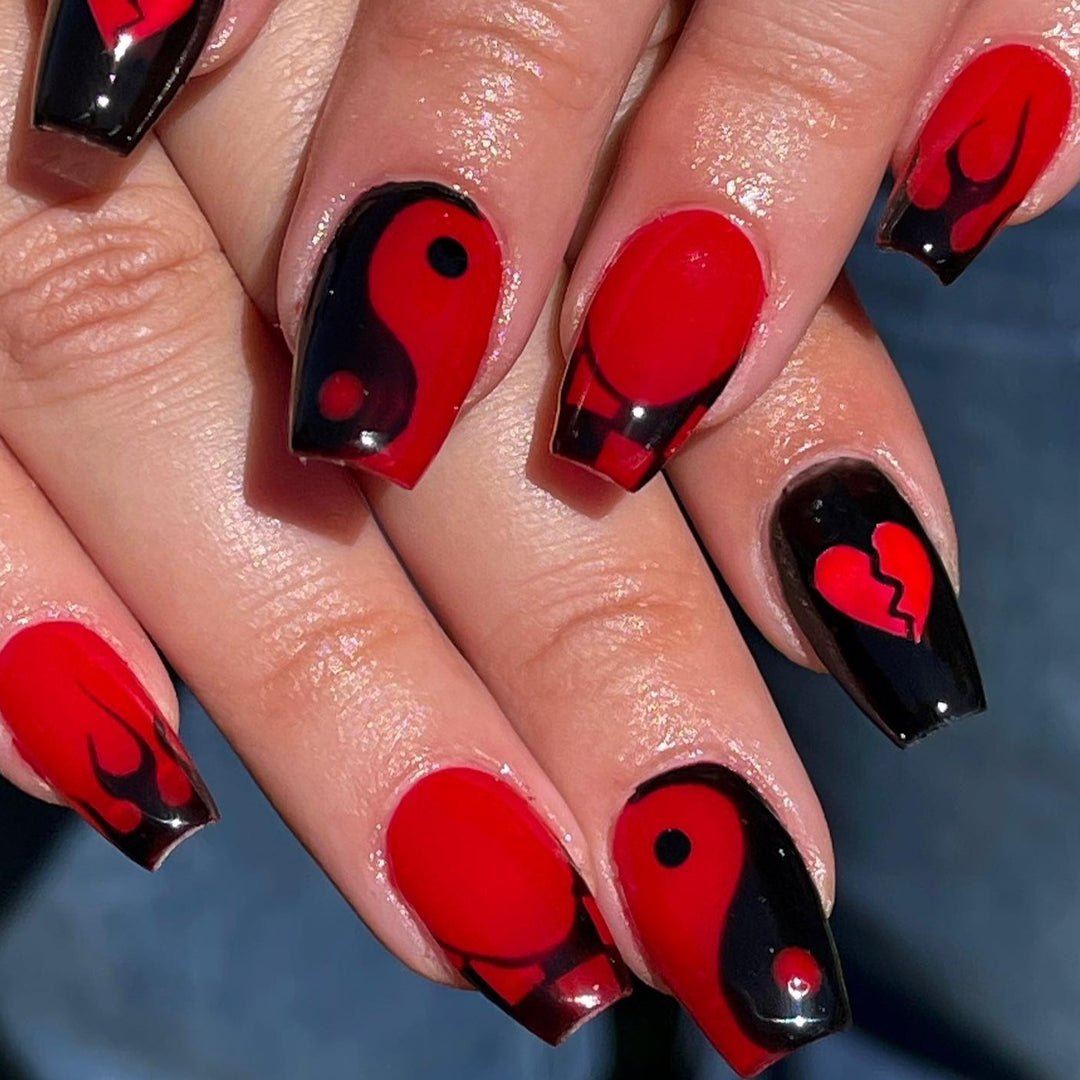 Flame Broken Heart Nails Red Medium Coffin Press-Ons