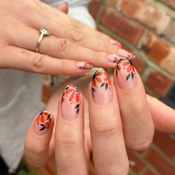 Fall Flower Leaves French Tips Nails