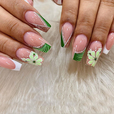 Green Flower French Tips Nails