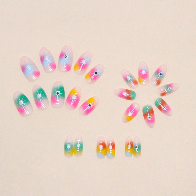 Colorful Rainbow Star and Diamond Medium Almond Press On Nails