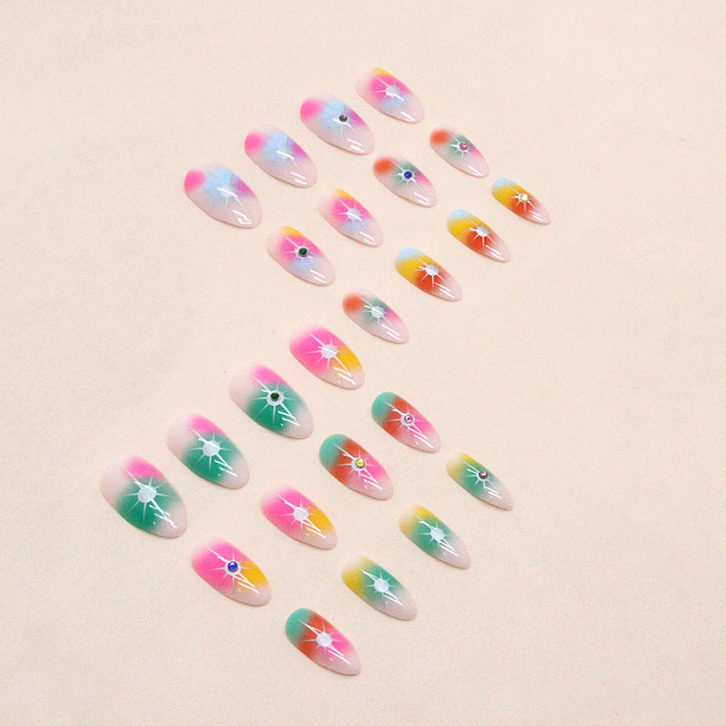 Colorful Rainbow Star and Diamond Medium Almond Press On Nails