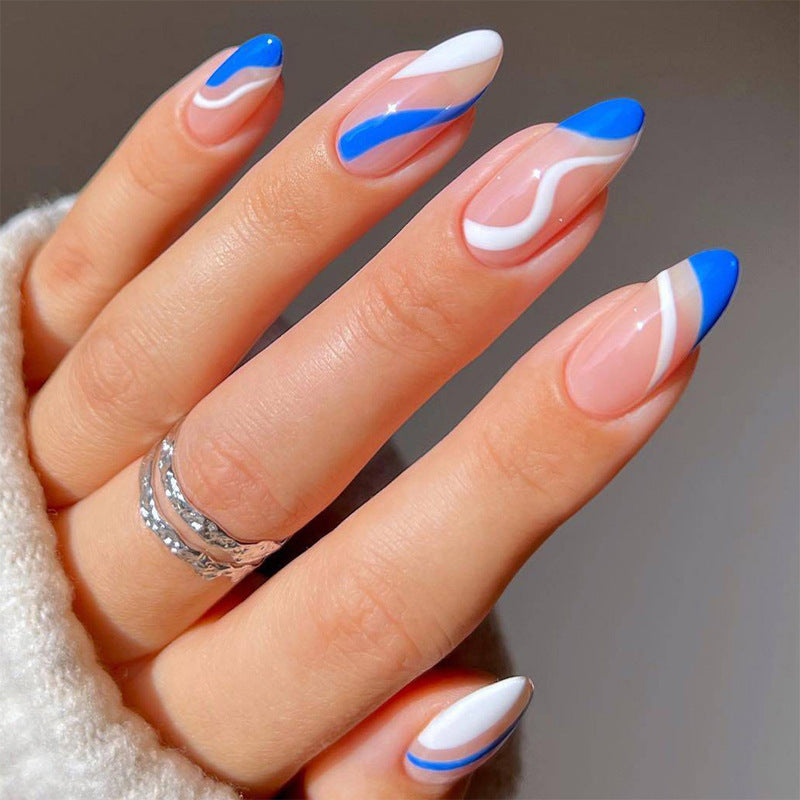 Blue and White Wave Line French Medium Almond Press On Nails