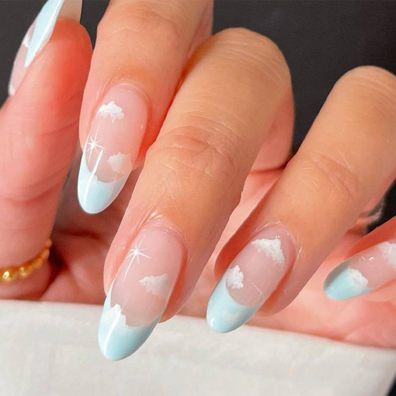 Summer Blue Sky and White Clouds Medium Almond Press On Nails