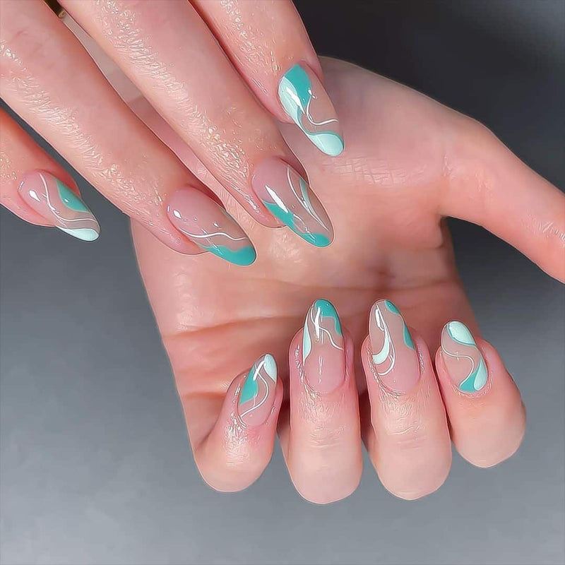 Wave Line French Tips Nails Green Medium Almond
