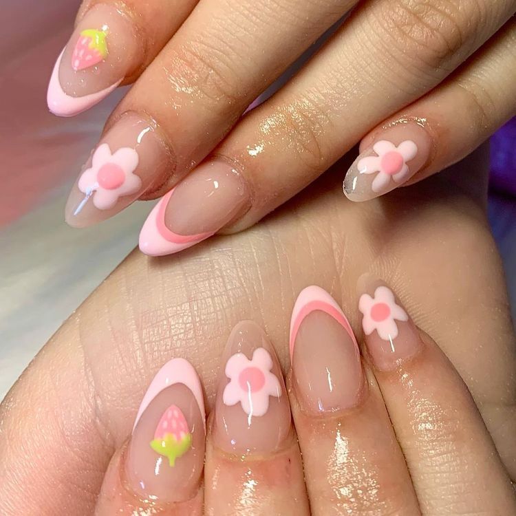 Strawberry Flower French Tips Nails Pink Medium Almond