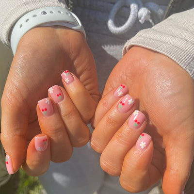 Flower Cherry Press On Acrylic Nails Pink Short Square