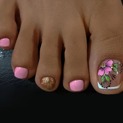 Glitter Flower Stick On Pedicure Nails 
