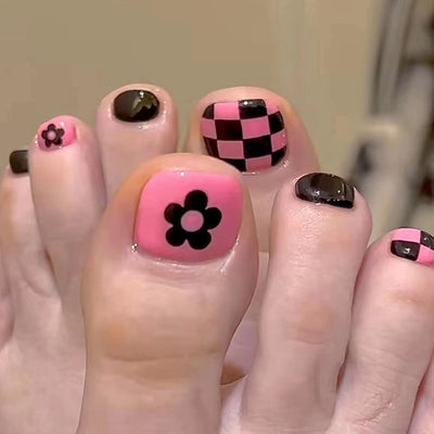  Flowers Dance Checkerboard Fake Toe Nails