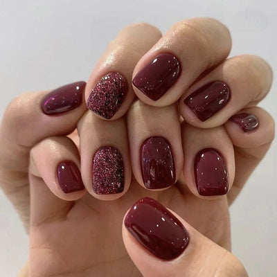 Cool Glitter Press On Acrylic Nails Red Short Squoval