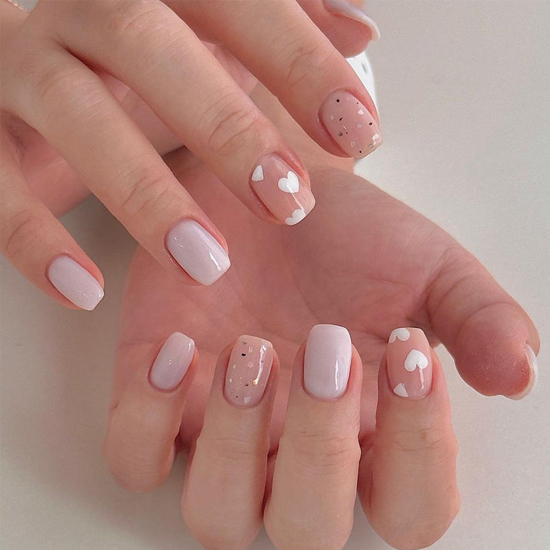 Heart Crumbs Stick On Nails White Short Squoval