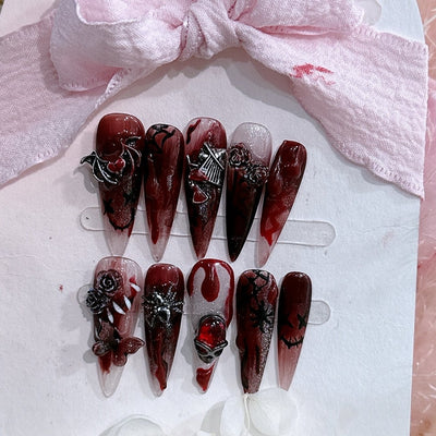 Blood Sacrifice Glue On Handmade Nails Halloween Red Stiletto 