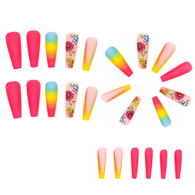 Tropical Flower Press On Nails Ombre Multicolor Long Coffin