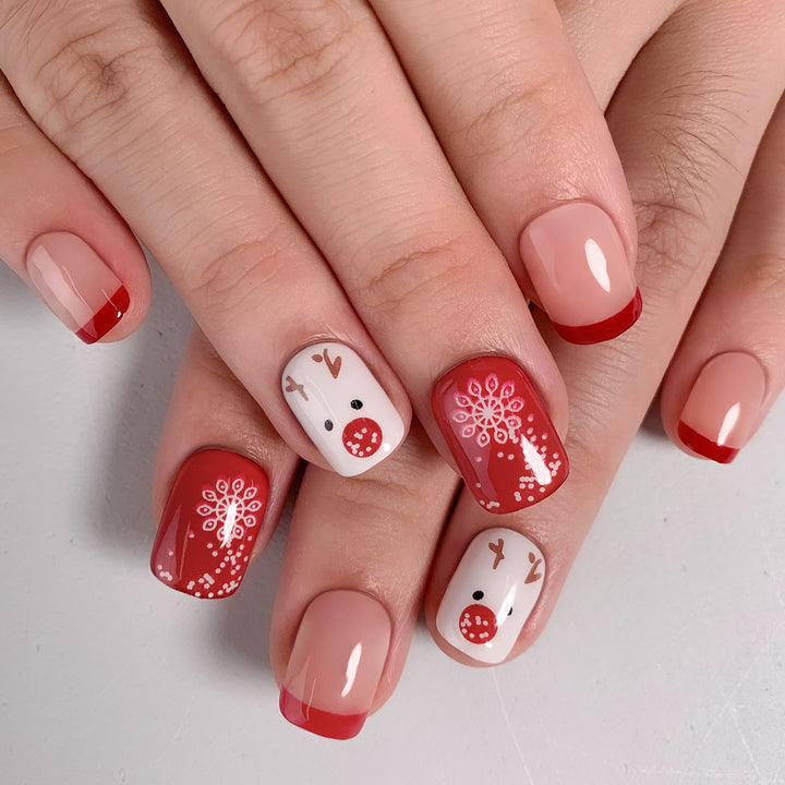 Snowflake Deer Squoval Short Press On Nails