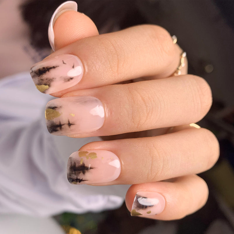 Gold Leaf Glue On Nails Retro Ink Nude Short Squoval