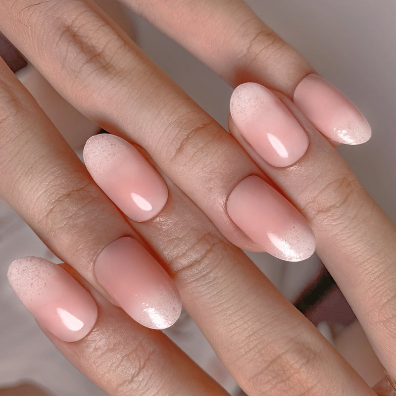Glitter French Tips Nails Nude Spring Short Oval