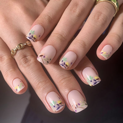 Flower Glue On Nails Multicolor Short Squoval