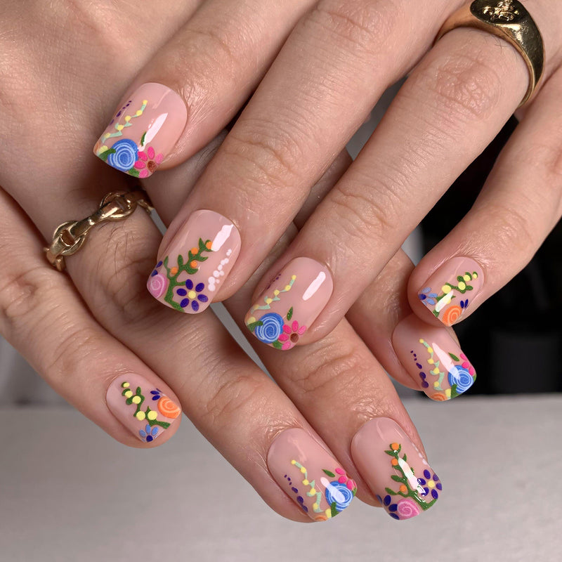 Flower French Tips Nails Multicolor Short Square