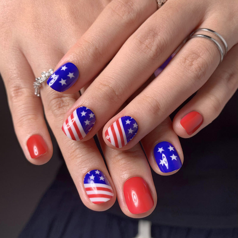 US Flag Simple Short Nails Glitter Multicolor Squoval