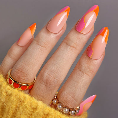 Line Pink Orange French Tips Nails Meidum Almond