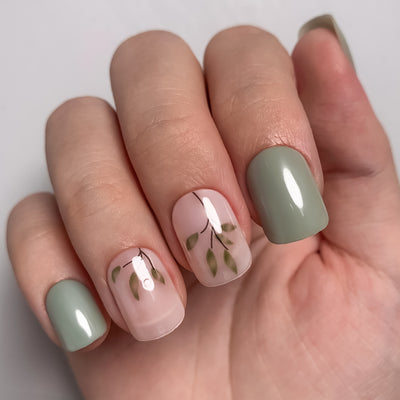 Leaves Press On Acrylic Nails Green Short Square