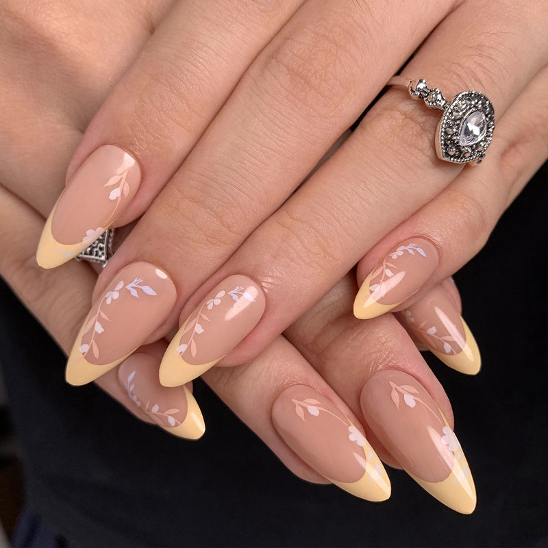Leaves French Tips Nails Yellow Medium Almond