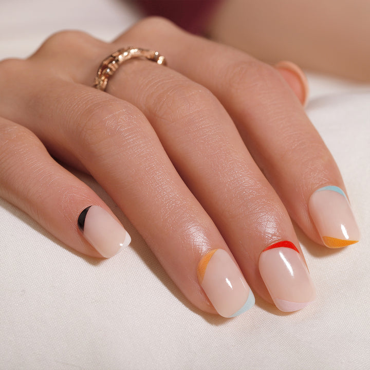 French Nails Press On Nails Abstract Colorful Half Moon Short Squoval