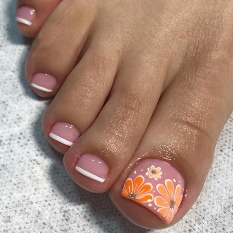 Flower French Tips Toenails Pink Short Squoval