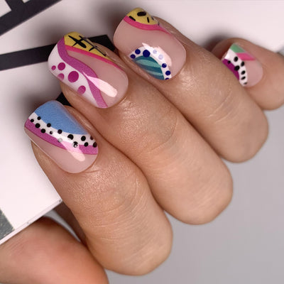 Abstract Short Press On Nails Multicolor Hot Wave Style