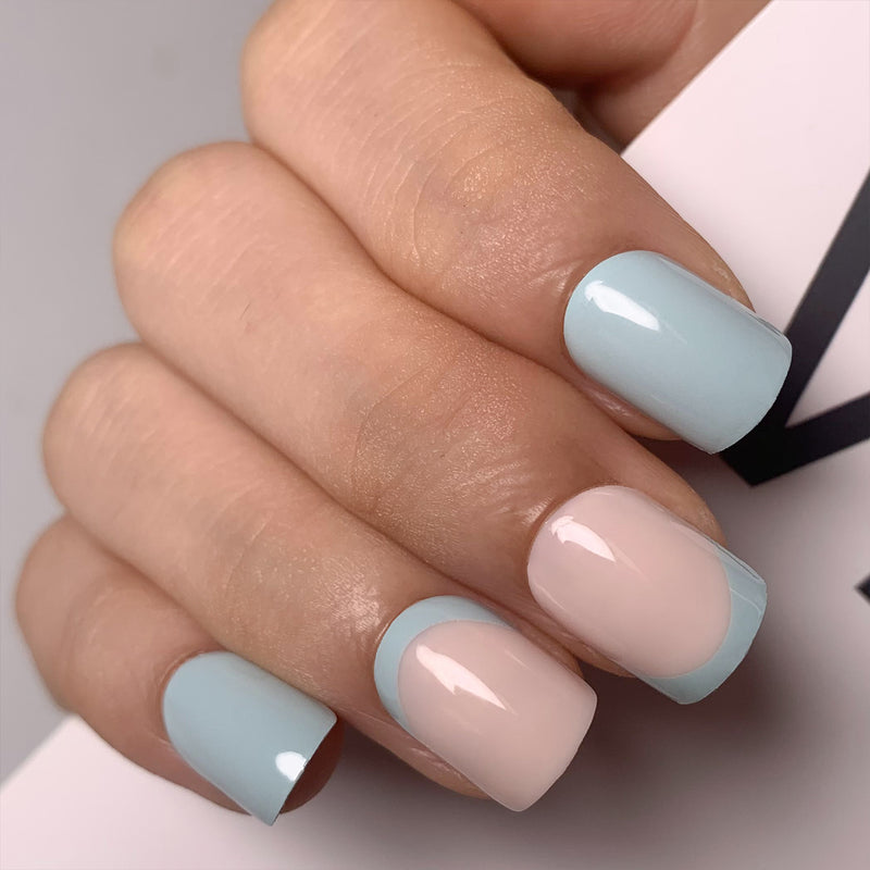 Light Blue French Nails Tips Casual Short Square Press-Ons