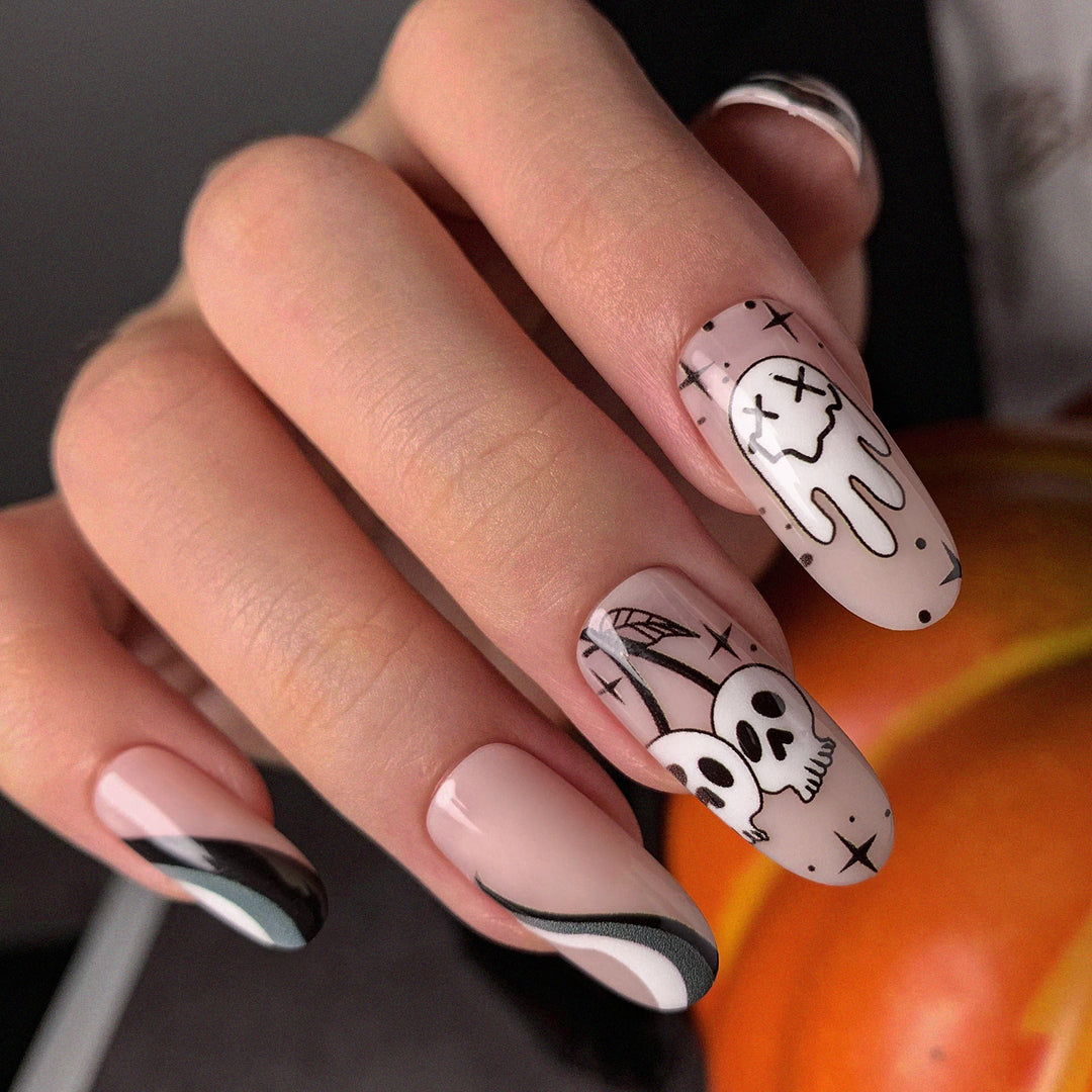 Halloween Spooky Heart Ghosts Medium Oval Press On Nails
