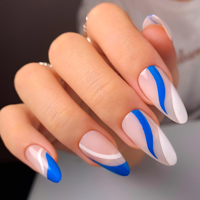 Blue and White Wave Line French Medium Almond Press On Nails
