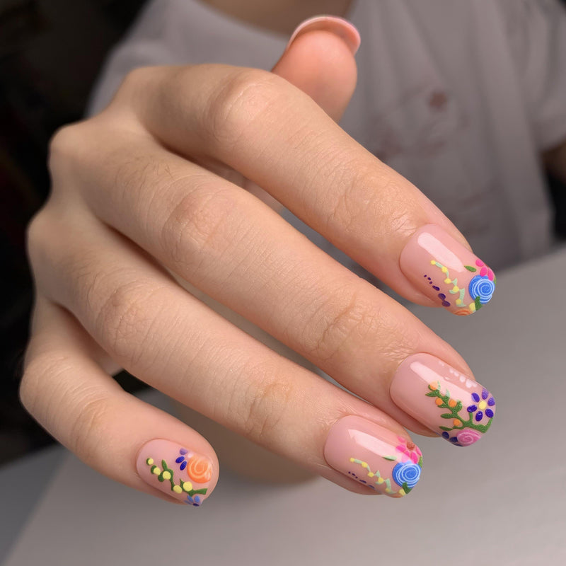 Flower French Tips Nails Multicolor Short Square