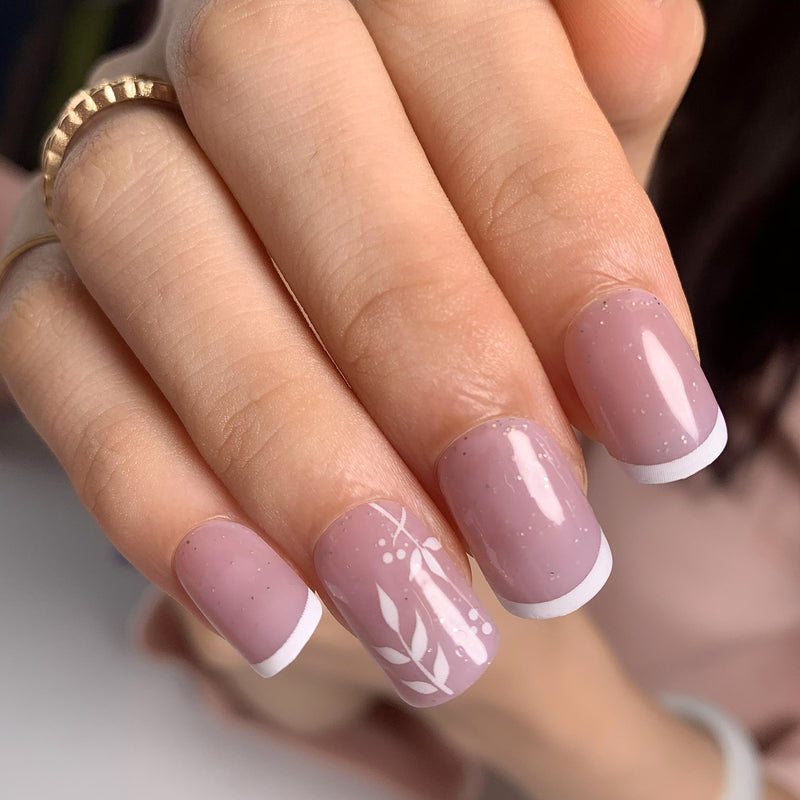 Leaves French Tips Nails White Short Square